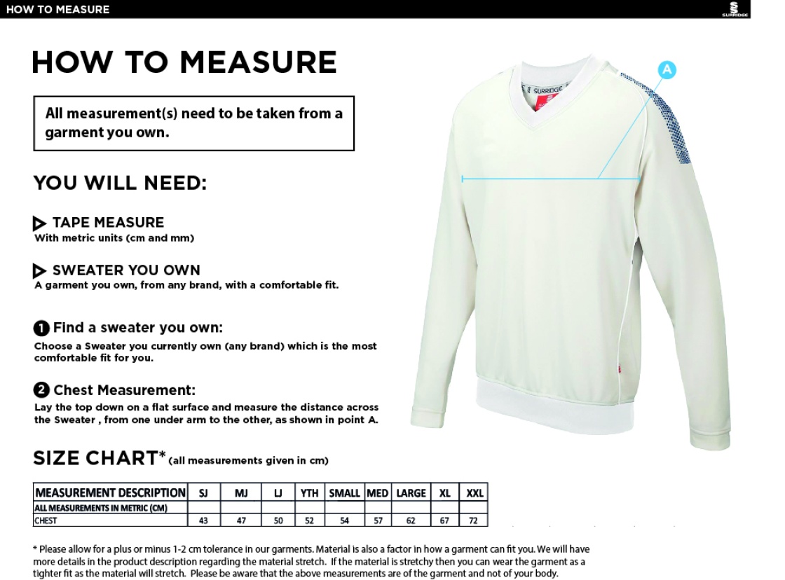 Gresham's School 2nd XI CC Long Sleeve Sweater White Trim - Size Guide